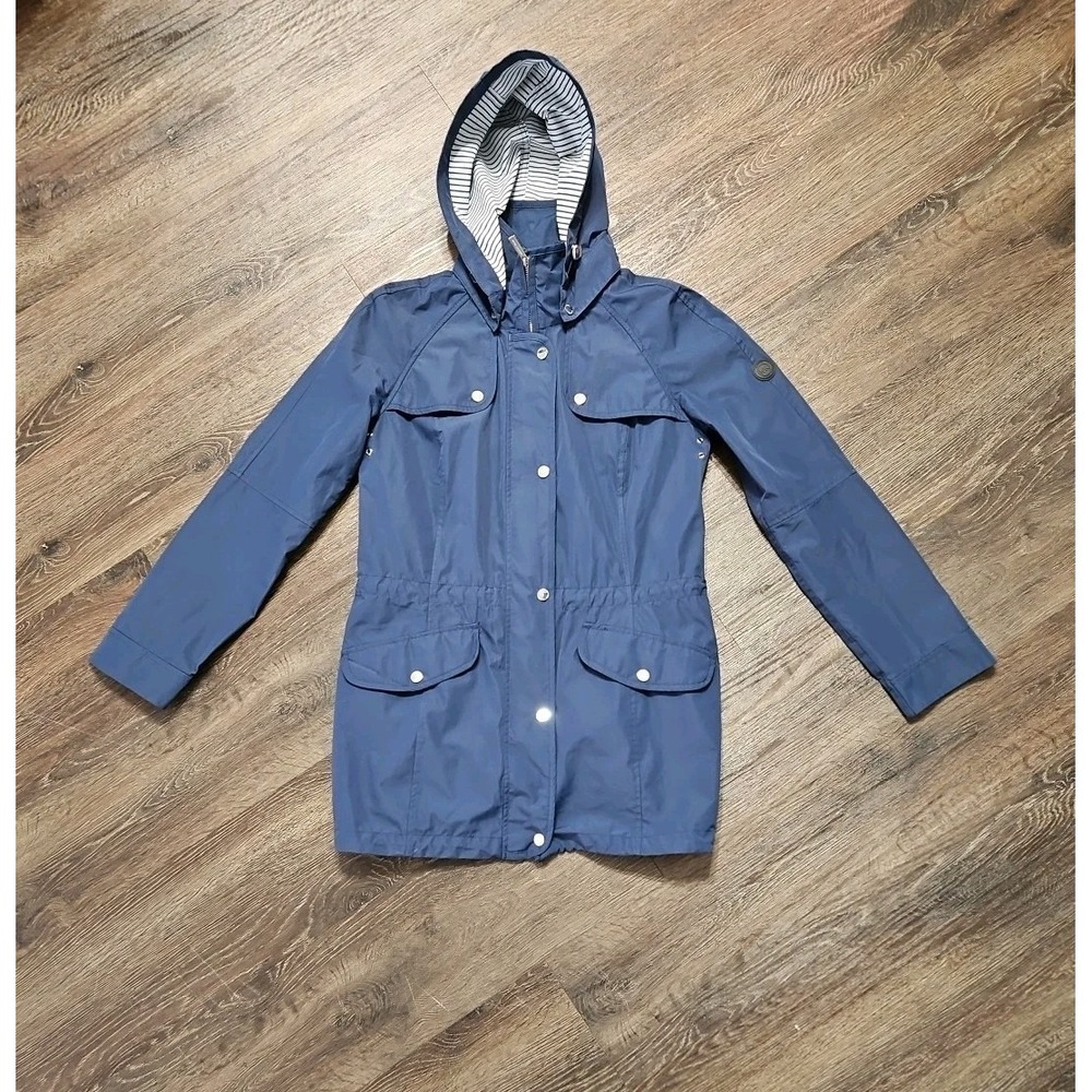 Michael Kors Anorak Jacket Women's Small Navy Blue Striped Hooded Lightweight